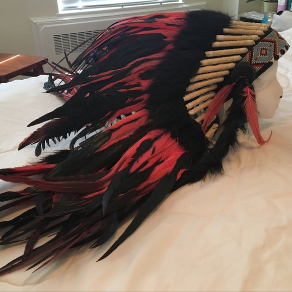 Unisex Large Red and Black Feathered & Hand Beaded Indian...
